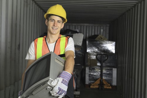 A young male waste management worker wearing a yellow safety helmet, high-visibility vest with orange and yellow reflective stripes, and white gloves is standing inside a metal storage container. He is holding a small electronic device and smiling directly at the camera. Behind him, stacked black plastic-wrapped pallets or boxes are visible, along with a yellow hand pallet truck positioned against the container wall on the right side. The environment appears to be an industrial or warehouse setting with metal corrugated walls and ceiling, illuminated by natural or artificial lighting. This scene is related to rubbish and waste removal services, highlighting the professional staff involved in managing commercial waste in Belmont, UK.